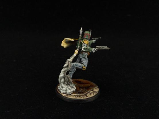 Boba Fett from the side, showing armor and leg details, and jetpack smoke trails.