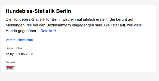 Das Bild zeigt einen Screenshot aus dem Open Data Berlin. Zur sehen sind die Metadaten eines Datensatzes mit dem Titel "Hundebiss-Statistik Berlin", der eine Liste von Hundebissen als PDF bereit stellt.