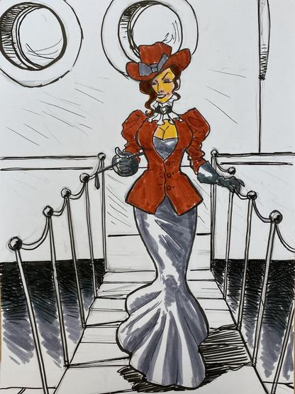A stylized illustration of a confident Lady d’Arcy in a red outfit with puffed sleeves and a matching hat, standing on a walkway. The background features circular windows, enhancing the nautical theme.