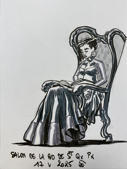 A sketched illustration of Esther sitting in a decorative chair, reading a book. She wears a dress with a long skirt and has styled hair. The bottom of the image includes handwritten text indicating SALON DE LA BD ST QX PX 17 V 2025