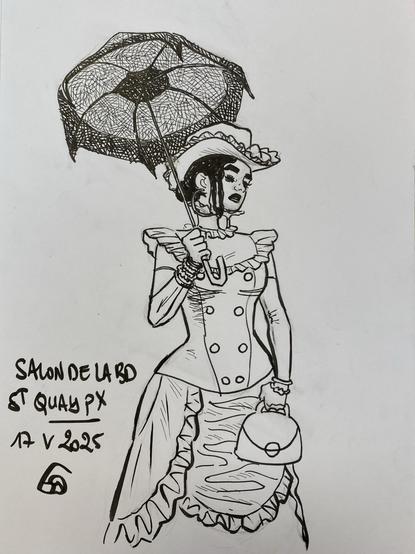 A detailed black-and-white illustration of Esther in a vintage dress holding an umbrella. The drawing features elements like ruffles and buttons, and a small handbag. In the corner, there is text that reads "SALON DE LA BD ST QUAY PX 17 V 2025"