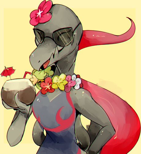 A Salazzle (which is a poison/fire "toxic lizard" Pokémon), seemingly in the middle of a laugh or something I guess. She has a flower on her head and a flower necklace and also glasses, and she is holding a big round glass with a brown liquid in it and a straw and a little umbrella.