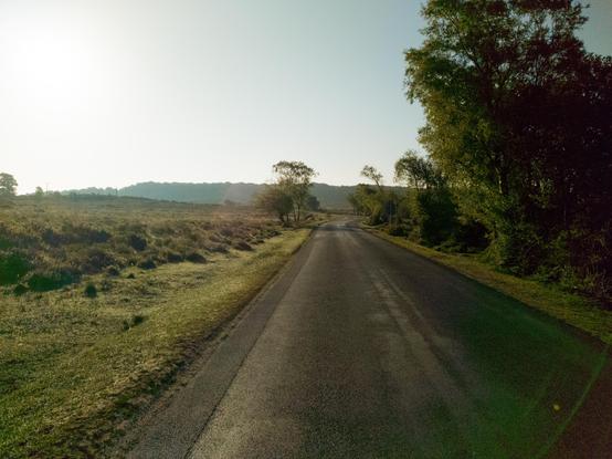 A tarmaced road through heathland on a sunny day with blue skies.