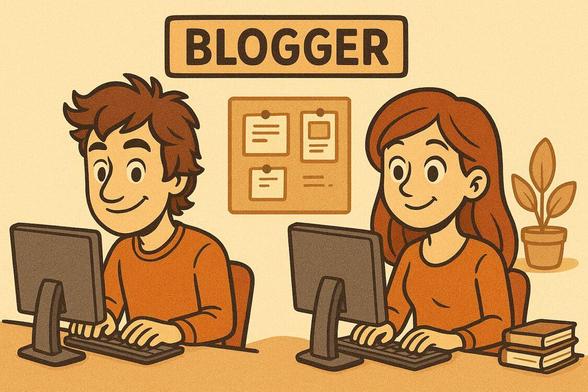 Ein Blogger und eine Bloggerin sitzen vor ihren Computern. Hinter ihnen ist ein Schild mit dem Aufdruck Blogger aufgehängt. Außerdem ist eine Pinnwand, eine Pflanze zu sehen. Neben der Frau liegen zwei Bücher.