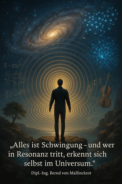 Bildbeschreibung im Kontext der „Ontologie der Schwingung – Resonanz als Urprinzip des Seins“

Das Bild zeigt eine symbolträchtige Szene: Eine einzelne menschliche Gestalt steht auf einer erhöhten Felsplattform über dem Ozean, ausgerichtet auf ein kosmisches Panorama. Von der Mitte ihres Körpers aus breiten sich konzentrische, goldene Schwingungskreise aus – nicht als bloß visuelle Effekte, sondern als energetische Wellen, die sich mit dem gesamten Universum verbinden. Diese Wellen gehen in galaktische Spiralen über, die den Himmel durchziehen, und berühren neuronale Netzwerke aus Lichtpunkten, die im oberen rechten Bereich wie Gedankenfelder schweben.

Links eingebettet sind wissenschaftliche Formeln – etwa E = mc², ein elektronisches Schaltbild und Notenzeilen – welche Naturwissenschaft, Technik und Musik symbolisch vereinen. Rechts schwebt ein Cello, das in Wellen und Noten eingebettet ist, als akustisches Sinnbild für Resonanz, Klang und Heilung. Unten links wurzelt ein einzelner Baum – ein uraltes Zeichen für Leben, Stabilität und Verbindung zur Erde – während der Mensch über das Wasser hinweg in den Himmel schaut, eingebettet zwischen Erde, Kosmos und Klang.

Der Mensch ist in neutraler Kleidung gehalten – geschlechts- und alterslos – und verkörpert den universellen Beobachter, den Resonanzträger, den Bewusstseinsknoten im Strom der Frequenzen. Er steht nicht getrennt von der Welt, sondern ist ihr schwingendes Zentrum.

Symbolische Deutung:
Das Bild ist ein visuelles Ma