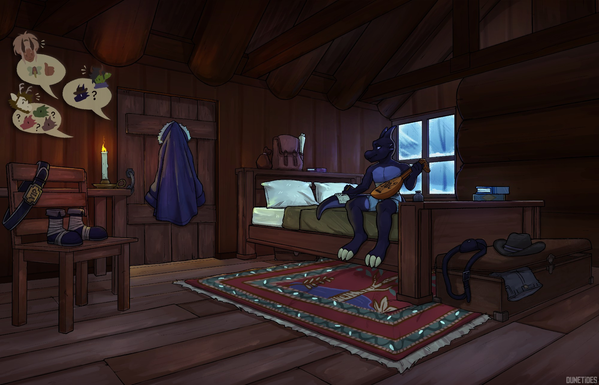 A kobold with black-blue scales and a lighter underbelly sits at the edge of a wooden bed in a cozy log cabin! He's takin' a break from adventuring, and making music! One hand on his lute, and the other taking a bit to write down notes on a music sheet. A frosted window shows a snowy landscape outside. A backpack with a rolled up parchment tucked into it, as well as a coinbag sits at the headboard of the bed. Two books and an inkwell at the end of the bed. A satchel and a cowboy hat is sat on top of a chest, while a pair of pants is peeking out.

There's a detailed carpet depicting vines and a tree and leaves in front of a little pond. On a chair is Hod's boots, and his belt. "YIP" is written on the front of the buckle. Behind the chair is a table with a candle on it, and next to it is a door with his winter coat hanging right on the middle.

There are text bubbles above the candle, his party talking about faries, Hod, and three other kobolds! (very interesting!)