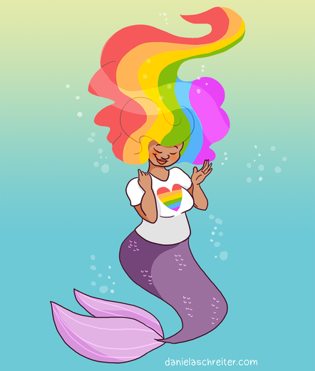 Comic illustration of a PoC Mermaid, floating in the sea. She has long rainbow hair and a violet fishbody. Her eyes are closed, she looks happy. She is wearing a T-Shirt with a rainbow heart on it.