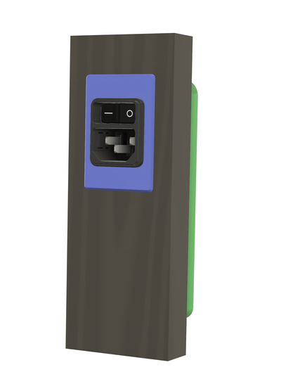 CAD rendering of the power inlet as seen from outside the IKEA BILLY cabinet.  It is on a wooden board.  A rectangular bezel is in the board, and an IEC C13 power inlet with a rocker switch is in the bezel.