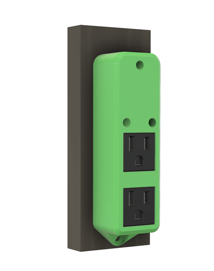 CAD rendering of the power inlet as seen from inside the IKEA BILLY.  It is a printed box on a wooden board.  There are two US style power outlets in the bottom section of the box, and three counterbored M3 size holes in the top section.  There's a large bracket for a wood screw at the very bottom.