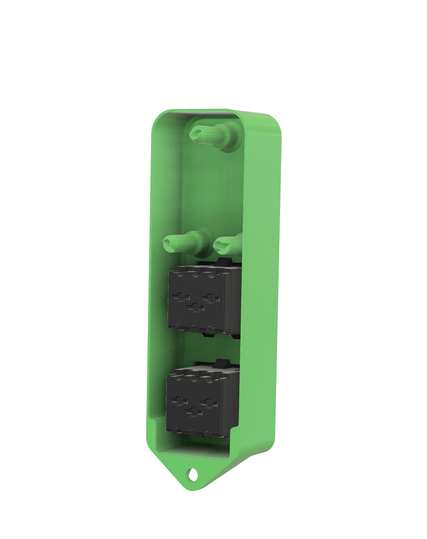 CAD rendering of parts of the power inlet.  The inner box is seen from the inside, with the two US power outlets in the lower section facing away.  There are three screw posts in the upper section, and the bottom screw hole is also shown.