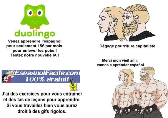 Images en deux parties.
La chouette de duolingo expose son offre à des gens. "Venez apprendre l'espagnol pour seulement 15 euros par mois pour enlever les pubs ! Testez notre nouvelle IA"
On lui réponds : "Dégage pourriture capitaliste"
Espagnolfacile.com se présente à eux : "J'ai des exercices pour vous entrainer et des tas de leçons pour apprendre. Si vous travaillez bien vous aurez droit à des gifs rigolos"
Les gens le remercient :" merci mon vieil ami, vamos a aprendar espagnol" (ils sont extrêmement musclés tout d'un coup)