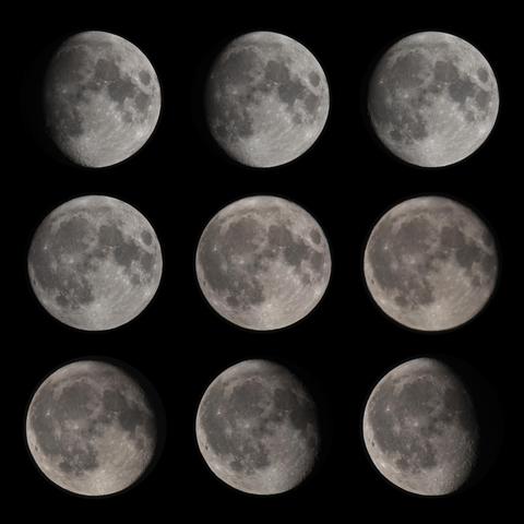 Zeitserie der Mondphasen rund um Vollmond an neun aufeinanderfolgenden Nächten. Ab Vollmond ist der Mond leicht gelblich und teilweise deutlich unschärfer
