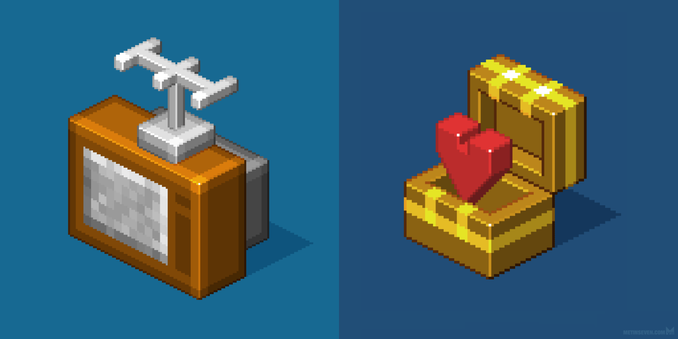 Two isometric pixel art icons: an old-style CRT television set with a TV antenna on top, and an open treasure chest with a heart inside.