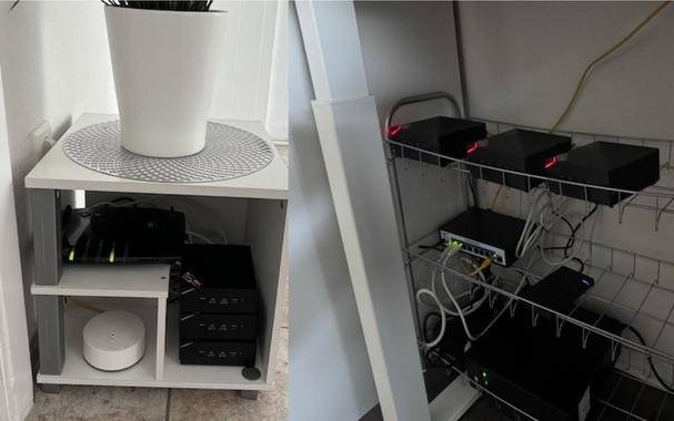 Old wifey approved homelab on the left had to move due to a temperature issues and better airflow into a shoe rack under my desk