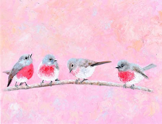 A textured oil painting of four native Australian Rose Robin birds perched on a branch. The background is a mottled pink tone, painted with a palette knife.
