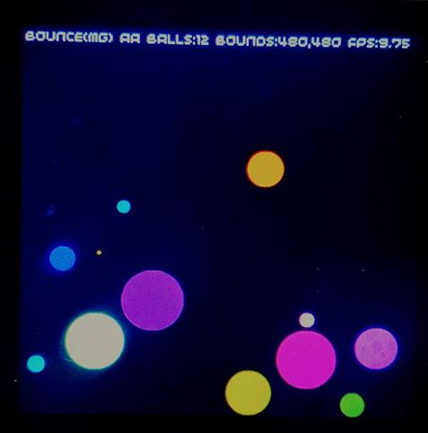 Circles on a screen, with text showing the ball count in the simulation (12), screen resolution (480x480) and fps (9.75)