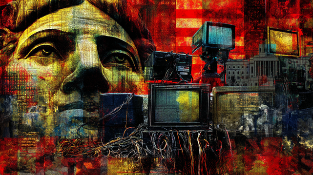 L’Émission Ne Sera Pas Libérée
Un visage monumental émerge d’un chaos de fils, de téléviseurs et de symboles institutionnels en feu, dans un collage saturé de tensions.
A monumental face emerges from a chaos of wires, televisions, and burning institutional symbols, in a collage saturated with tension.