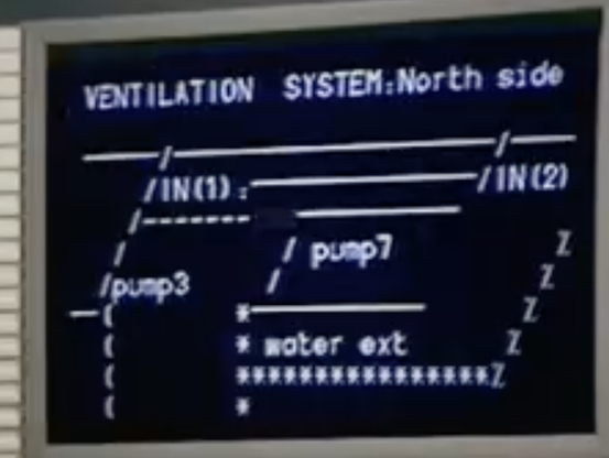 Screen shot of a computer display in a 1980s science fiction TV show. 
The display uses ASCII characters to sketch out some sort of piping diagram.

VENTILATION SYSTEM: North side
____/_________________/____
       /IN(1) :--------------/IN(2)
      /--------    _________
     /                 / pump7             Z
   /pump3      /                        Z
_(              *__________       Z 
  (             * water ext        Z
  (             ***************Z
  (             *