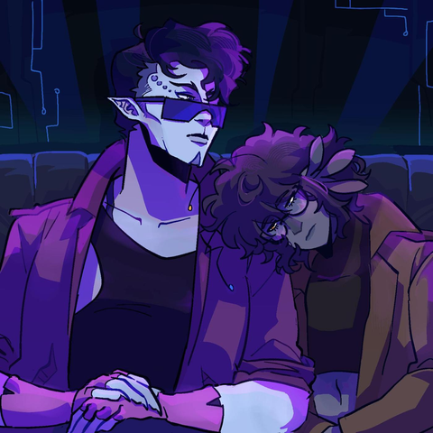blue tinted digital artwork of two humanoid alien characters, one of them is incredibly cyberpunk sexy and like wistfully looking into the distance while the other, more cuddly puppy like, leans sadly on their shoulder. It's show art for an episode of the podcast Midnight Burger