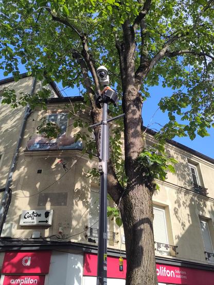 Photo in der Innenstadt. in mehreren Metern Höhe ist eine Überwachungskamera installiert. an der Stange sind Zacken angebracht.