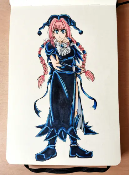 Photo of a sketchbook fanart of Dorothy from MÄR. She's looking at the front menacingly, with a hand next to her face and the other crossing by her waist