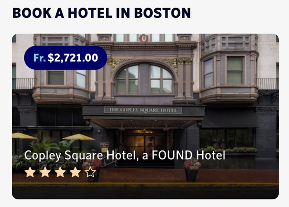 Four out of five star hotel from the FOUND chain in Boston’s Copley Square—a paver dominated public square—priced reasonably, I’m sure, from $2,721 a night.