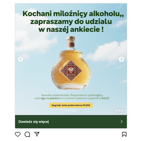 Reklama na instagramie stworzona za pomocą AI w bardzo nieudanej polszczyźnie