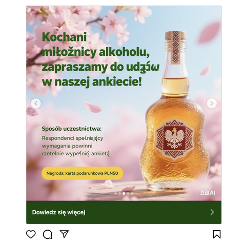 Reklama na instagramie stworzona za pomocą AI w bardzo nieudanej polszczyźnie