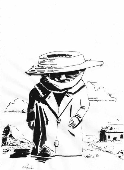 Dessin en noir et blanc d'un personnage portant un chapeau de paille, une écharpe et un long manteau, qui marche sur un chemin de campagne. En arrière plan on voit une maison, à droite, et une montagne à gauche.