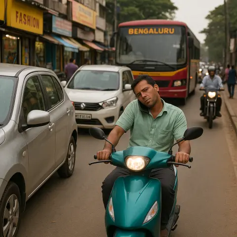 1. Vehicles moving in one direction on a busy main road in Bengaluru. There are buses, four wheelers and two wheelers on the road. People are walking on the side of the road.
2. Vehicles parked on one side of the road and are oriented in the same direction the vehicles are moving. There are shops on the side of the road where vehicles are parked.
3. An electric two wheeler drives close to the vehicles parked on the road.
4. The two wheeler driver is driving with both the hands on the two wheeler while talking on the mobile phone.
5. The mobile phone is set between the right jaw and the right shoulder of the two wheeler driver with the head of the two wheeler driver bent on the right of the driver to balance the mobile phone while talking on the phone. The two wheeler driver is not wearing a helmet.