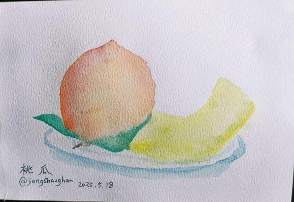 a peach and a piece of melon, watercolor