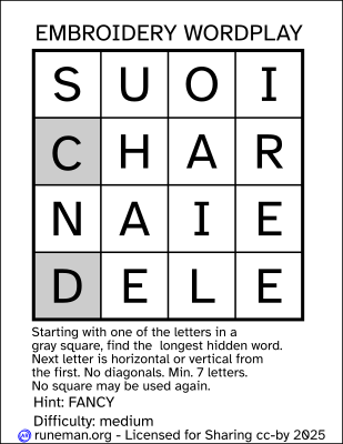 Embroidery Wordplay
a one-word word search puzzle

hint: Fancy
difficulty: medium

Letter grid:
S U O I
C* H A R
N A I E
D* E L E

letters marked with an asterisk indicate the potential starting points for the word. The image shows them with a gray background.