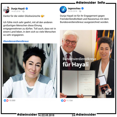 Als Info zeigen wir hier einmal den Post der Bekanntgabe von Dunja Hayali vom 14.05.2018 "Danke für die vielen Glückwünsche ☺️! 
Ich fühle mich sehr geehrt, mit all den anderen großartigen Menschen diese Ehrung entgegennehmen zu dürfen. Toll auch, dass wir in einem Land leben, in dem sich so viele Menschen so sehr engagieren. #Bundesverdienstkreuz."

und 

den Post der Tagesschau vom 22.05.2018 mit dem Bild mit Bundespräsident Frank-Walter Steinmeier und Dunja Hayali und "Bundesverdienstkreuz für Hayali". Weiter wurde noch "Dunja Hayali ist für ihr Engagement gegen Fremdenfeindlichkeit und Rassismus mit dem Bundesverdienstkreuz ausgezeichnet worden." gepostet.