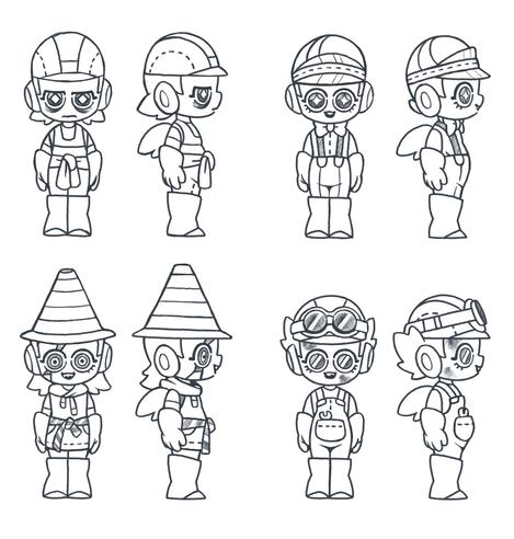 Black and white concept art of Fakutori's 4 main characters. Each has a front and side pose.