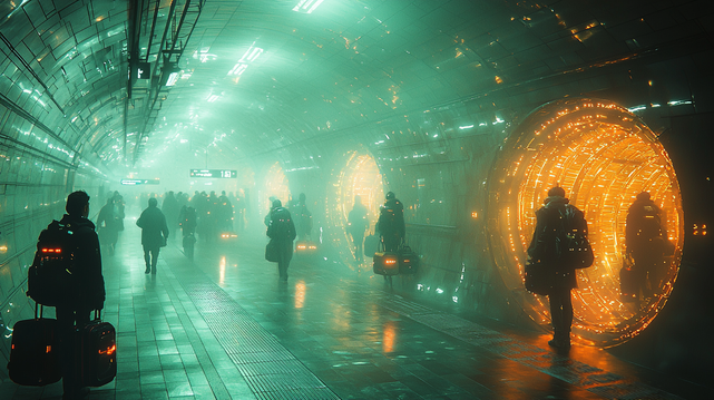 Transit Vers l’Au-Delà
Des voyageurs attendent dans une station futuriste brumeuse où des portails incandescents mènent à d’autres dimensions.
Travelers wait in a misty futuristic station where glowing portals lead to other dimensions.