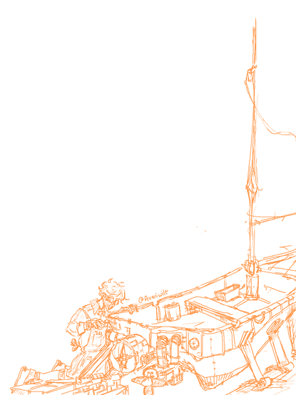 A young man working on/repairing a boat which has motors and pipes, that seem fueled by a magic stone in a container.