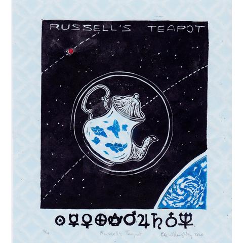 A Russell’s Teapot linocut print in blue and black in on a white Japanese washi paper with a subtle pattern in the palest blue. There’s a corner of Earth on the right lower corner, in blue with swirling clouds. Then the starry black space with two dotted arcs to indicate orbits of the small red dot of Mars at the top left and the enlarged image of the china teapot in blue and white in the middle, in a circle to show it’s been enlarged so we can see it. At the top, text is carved in white: RUSSELL’S TEAPOT. At the bottom are a series of symbols for the bodies in the solar system, from left to right: Sun (dot in circle), Mercury (circle with horns on cross), Venus (woman symbol, circle over cross like modified ankh), Earth (cross within circle), stylized teapot, Mars (circle with diagonal arrow going to top right), Jupiter (like a stylized 2 with a vertical slash through horizontal line), Saturn (like a stylized h with a bar on top), Uranus (circle with vertical arrow), Neptune (trident).