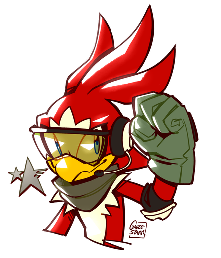 Bust of a red bird mobian raising his fist to the camera and smiling. He is wearing impact glasses, a headset, elbow pads, and the green gloves and scarf of the Resistance from Sonic Forces. The Resistance star is drawn next to him.