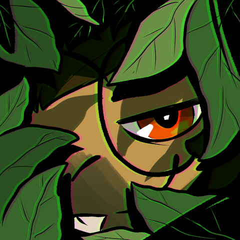 Illustration of Liz, my capybara sona. Only her face is visible, though framed and largely concealed by a mantle of leaves. She stares half-lidded at the viewer from an downward angle, smiling menacingly, implying that she is lying in ambush. Her deep orange eyes pop in comparison to the rest of the picture's muted green color palette. A green-magenta chromatic aberration effect confers the image an ominous tone.