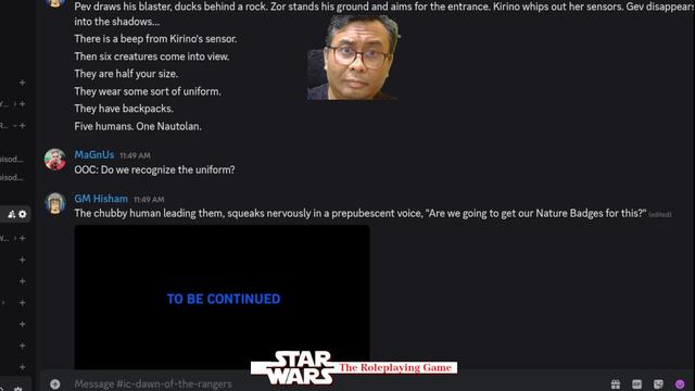 Discord screen with my disembodied head on top and PbP text of how the party faces off using blasters and stuff against a bunch of little kids in a cave in the jungle.