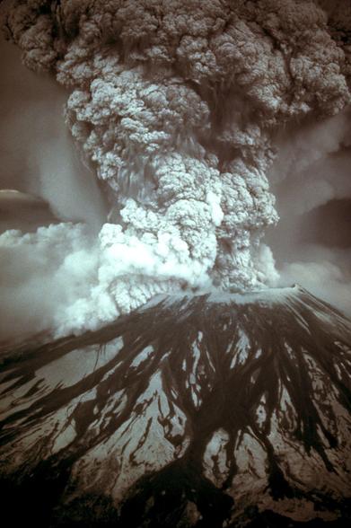 Eruption of Mt. St. Helens on May 18, 1980, with a cloud of ash being ejected high into the sky.