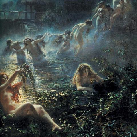 The painting "Mermaids" (also known as "Russalki") is by Konstantin Makovsky, an important Russian painter of the 19th century who belonged to the realism movement and was known for his historical and mythological scenes. This work depicts a group of mermaids, so-called Russalki, who are considered seductive and dangerous water nymphs in Russian folklore. Depicted in a nocturnal, mystical landscape, they dance and play in the water, surrounded by a dense forest and mysterious light, which contributes to the magical and eerie atmosphere.

Text: masterpieceoils.com