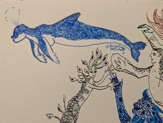 A merperson very much based on dolphin lines drawn in Pelikan's golden lapis
