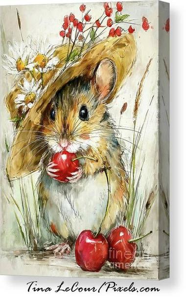 This is a canvas painting of an adorable little mouse wearing a straw hat eating some red cherries.
