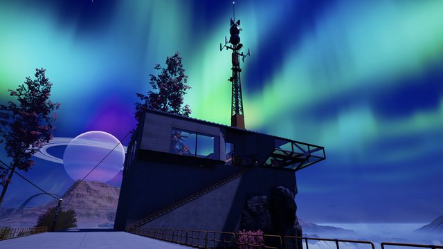 The new HUB building is perched on a cliff edge. It has been fitted with large viewing windows. A radar tower extends from the top. An aurora fills the sky.
