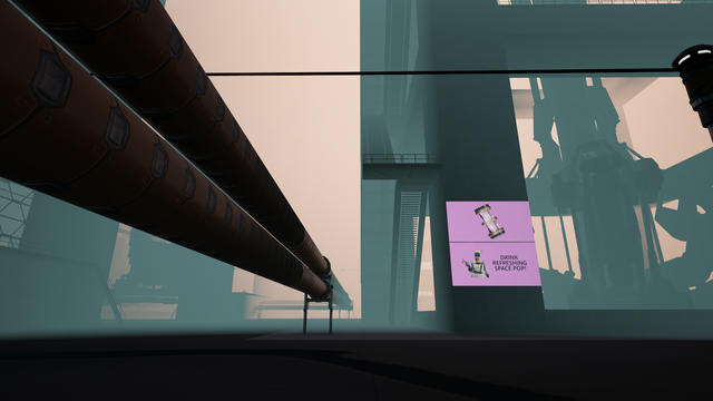 Corporate advertising has begun appearing in The Pit. A pink sign advertising Space Pop has been placed near the Space Elevator.