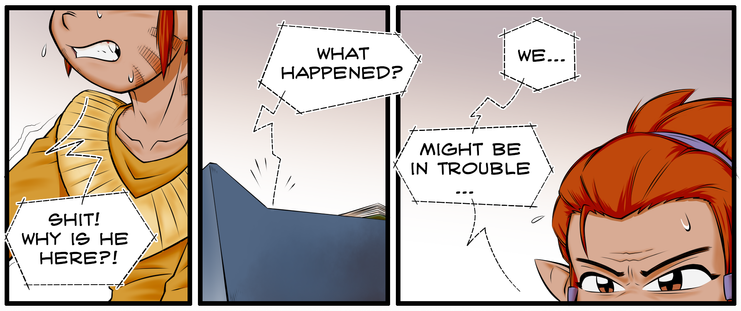 Teaser panels from my webcomic Katran.
Nirrod realises that this person means trouble, His companion hiding in the cart asks what happens and Nirrod has to bring him the bad news.