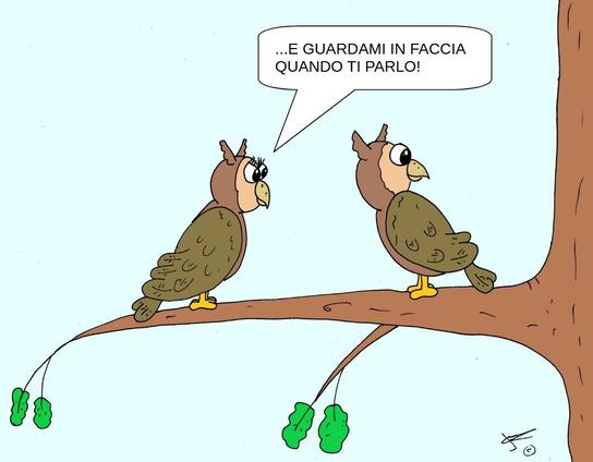 Certamente! Ecco una descrizione della vignetta per persone non vedenti:

La vignetta raffigura due gufi appollaiati su un ramo marrone di un albero, sullo sfondo di un cielo azzurro chiaro. Il ramo si estende dal lato destro dell'immagine, curvando dolcemente verso sinistra. Alcune foglie verdi pendono dalla parte inferiore del ramo.

Sulla sinistra del ramo è seduto un gufo rivolto leggermente verso destra. Questo gufo ha grandi occhi espressivi con ciglia visibili e sta dicendo: "...E GUARDAMI IN FACCIA QUANDO TI PARLO!"