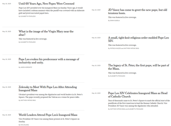 Montage of 9 heds from NYT web page, all concerning new Pope