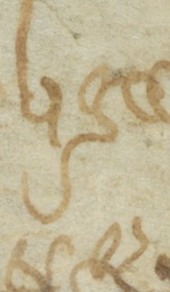 Close-up screenshot of a minuscule letter g, written in a messy medieval script using brown ink on a brownish grey page.